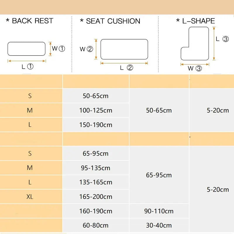 Tabla de tallas para fundas de sof?s y sillas, mostrando dimensiones para respaldos, cojines de asiento y formas de L en diferentes tama?ños (S, M, L, XL), disponible en blueemoonco.com, especialistas en fundas de muebles en Espa?ña y la UE.