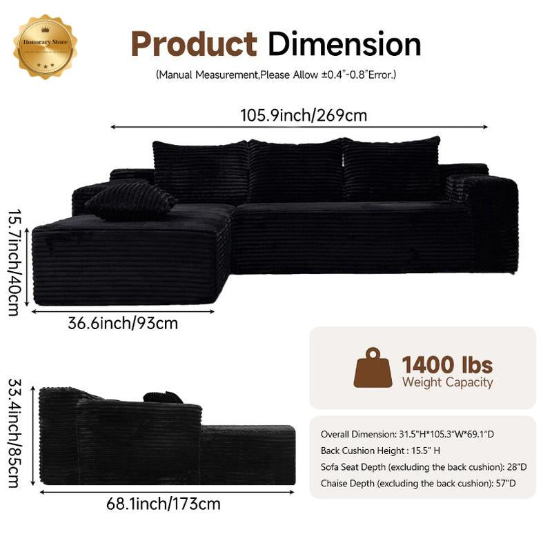 【2 Packages Shipping】105″ Modern Chenille Soft Cushion Modular Sofa Set, L-Shaped Modular Living Room Sofa Set, Free Combination Sofa for Living Room and Room (Side Recliner) Boneless Sectional Couch Home Sofa Family Couch Boneless Couches for Living Room