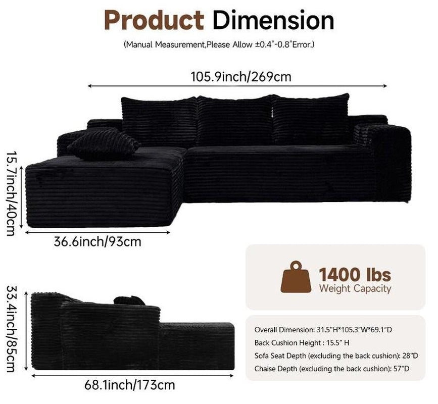 【2 Packages Shipping】105″ Modern Chenille Soft Cushion Modular Sofa Set, L-Shaped Modular Living Room Sofa Set, Free Combination Sofa for Living Room and Room (Side Recliner) Boneless Sectional Couch Home Sofa Family Couch Boneless Couches for Living Room