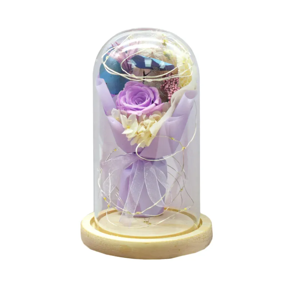 Aranjament floral cupola de sticla, lumina Led, D4003, Mov