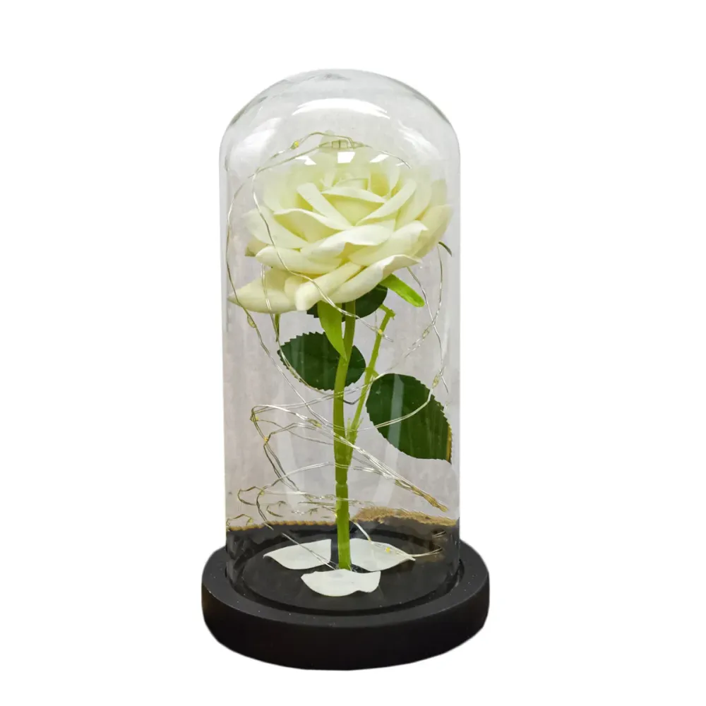 Aranjament floral cupola de sticla, lumina Led, D4007, Alb