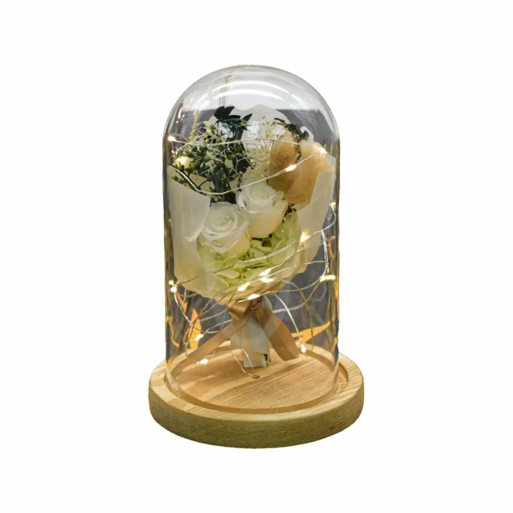 Aranjament floral cupola de sticla, lumina Led, D4040, Alb