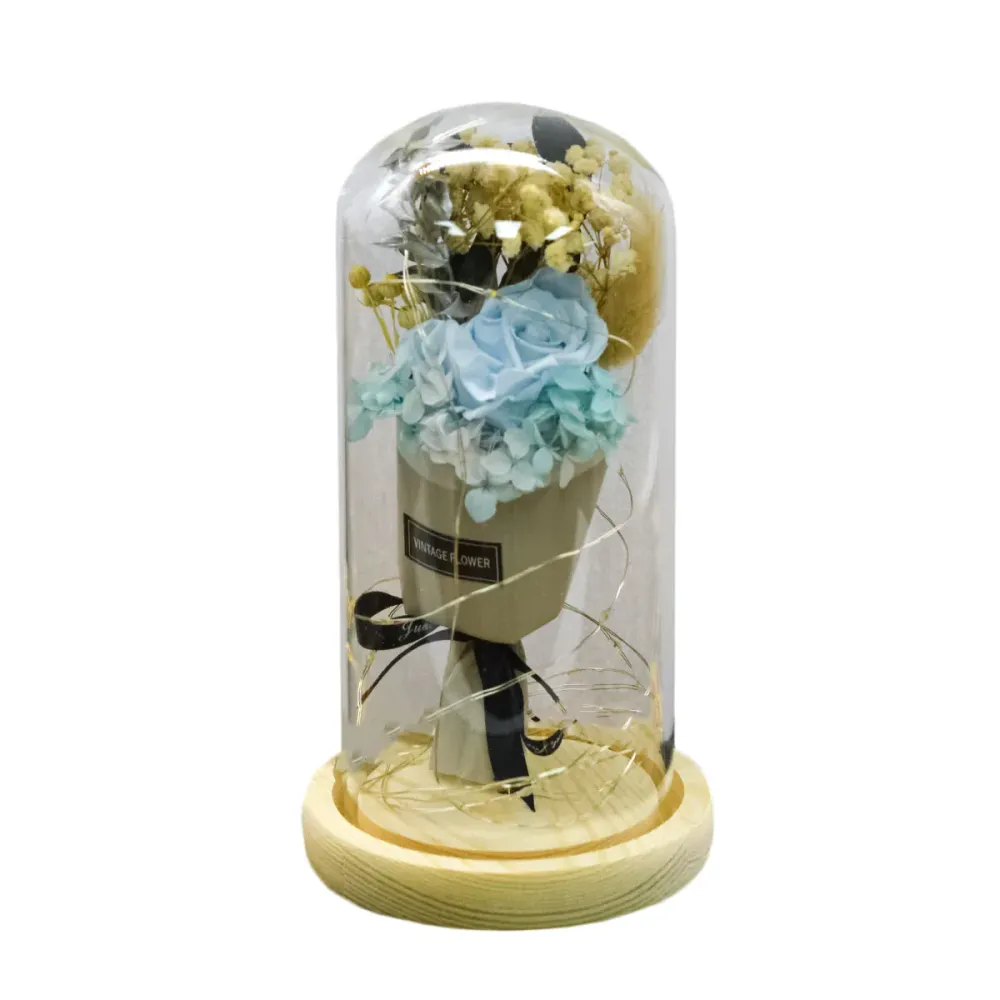 Aranjament floral cupola de sticla, lumina Led, D4015, Albastru