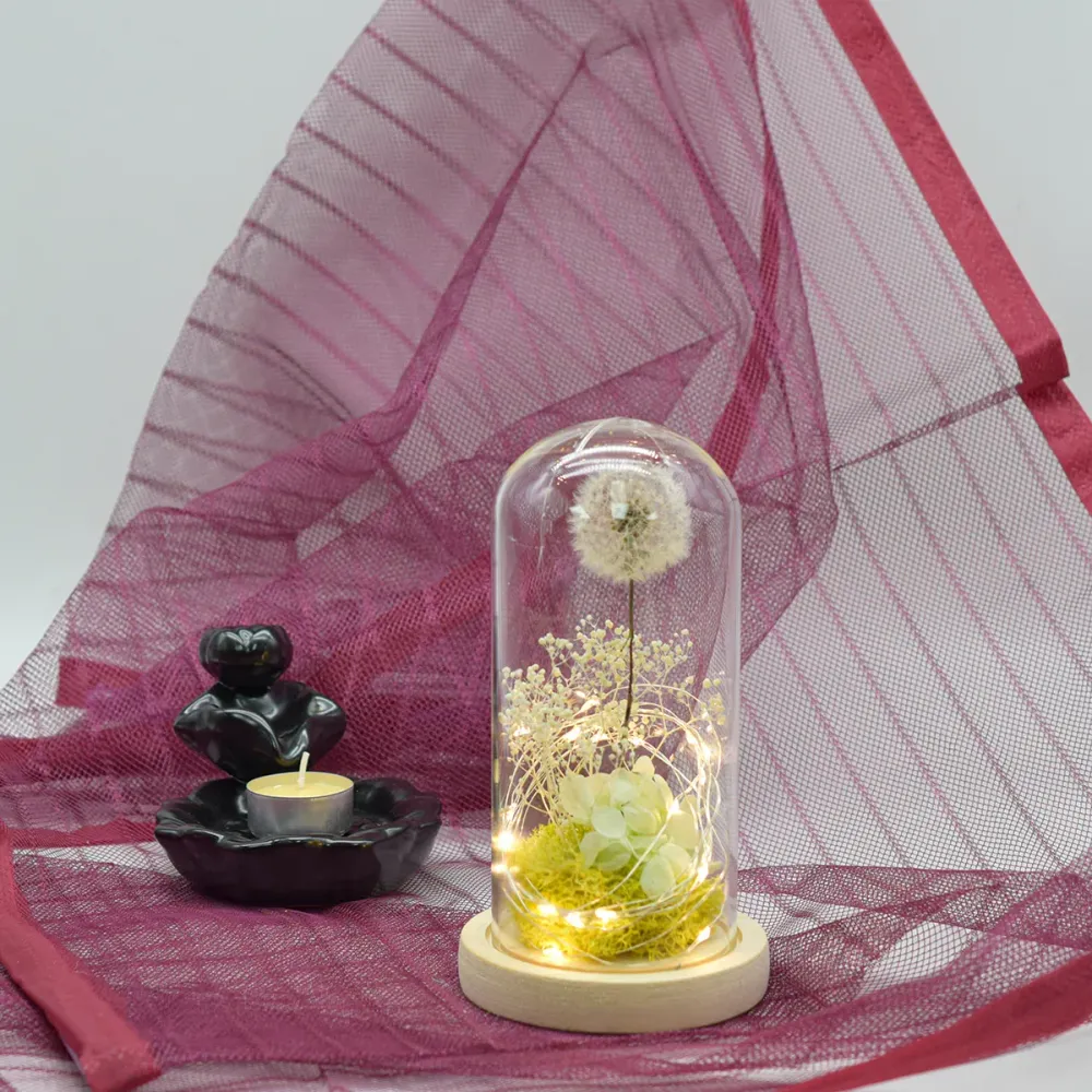 Aranjament floral cupola de sticla, lumina Led, D4025, Alb