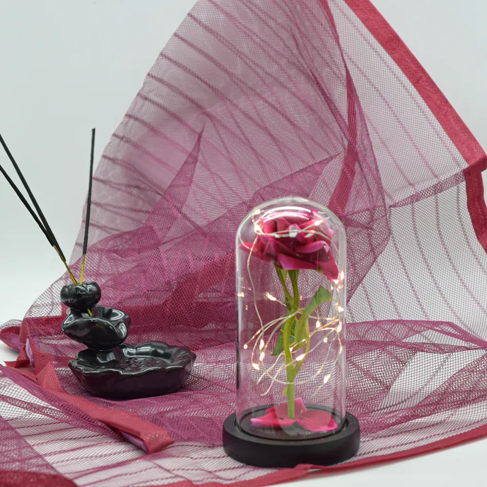Aranjament floral cupola de sticla, lumina Led, D4005, Roz