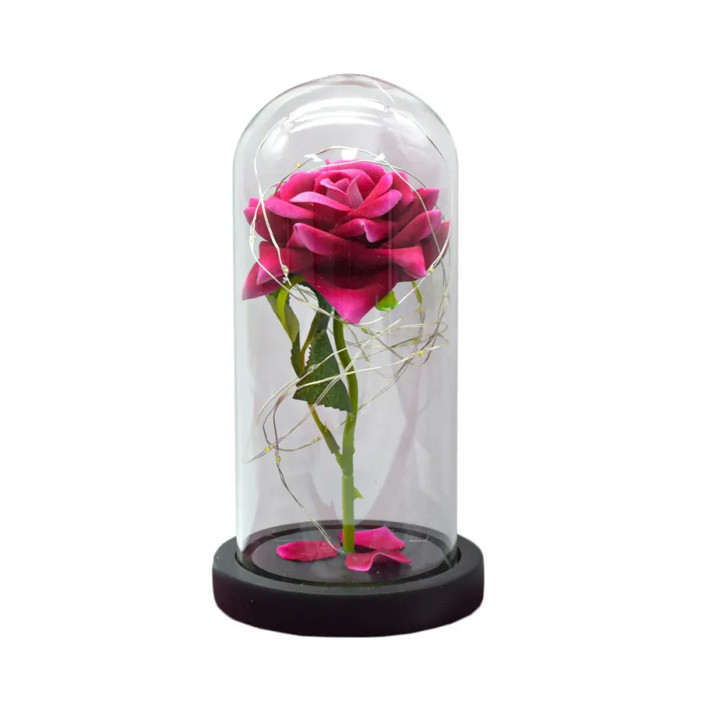 Aranjament floral cupola de sticla, lumina Led, D4006, Roz