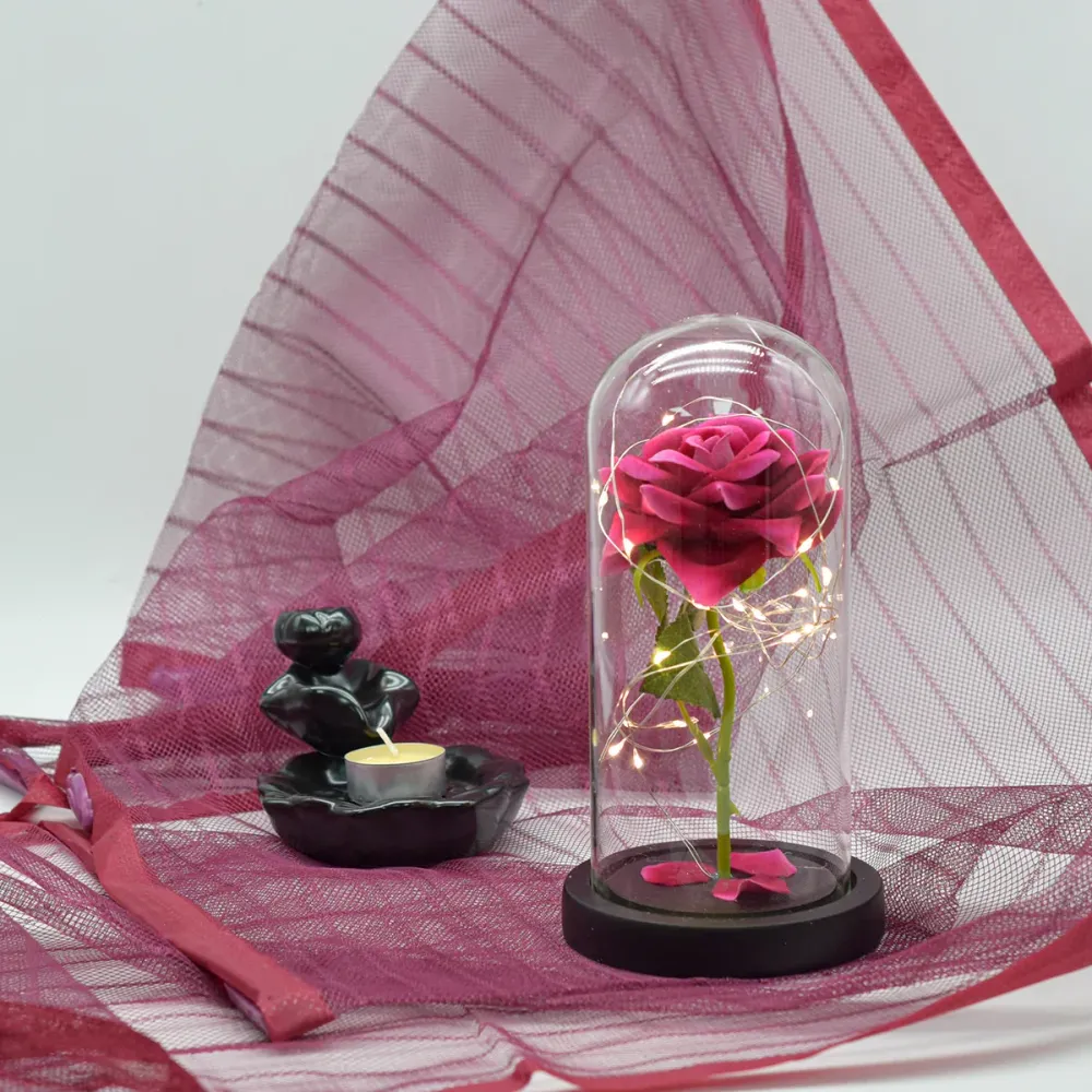 Aranjament floral cupola de sticla, lumina Led, D4006, Roz