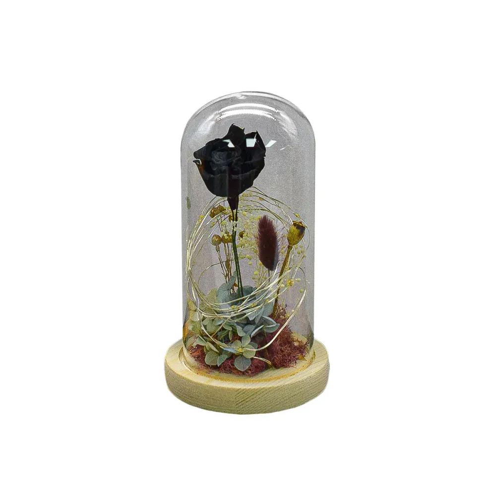 Aranjament floral cupola de sticla, lumina Led, D4012, Negru