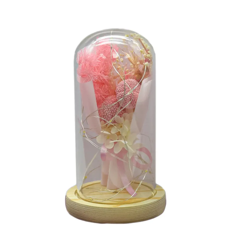 Aranjament floral cupola de sticla, lumina Led, D4002, Roz