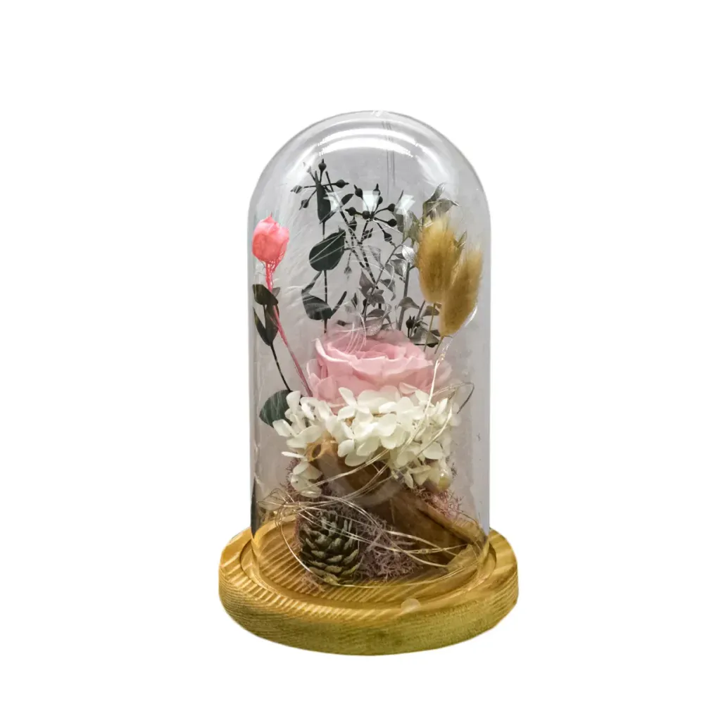 Aranjament floral cupola de sticla, lumina Led, D4018, Roz