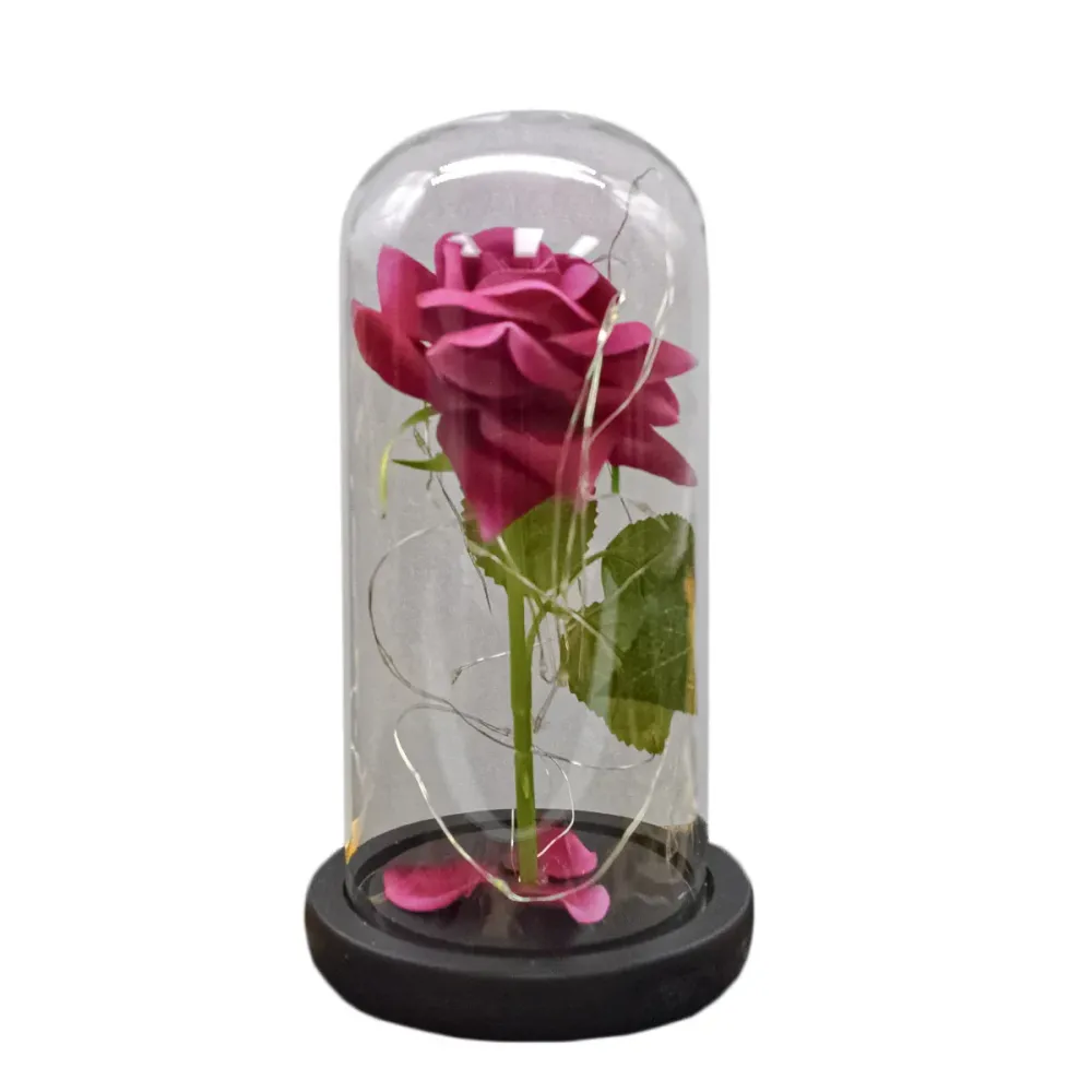 Aranjament floral cupola de sticla, lumina Led, D4007, Roz