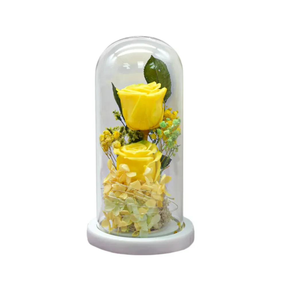 Aranjament floral cupola de sticla, lumina Led, D4008, Galben
