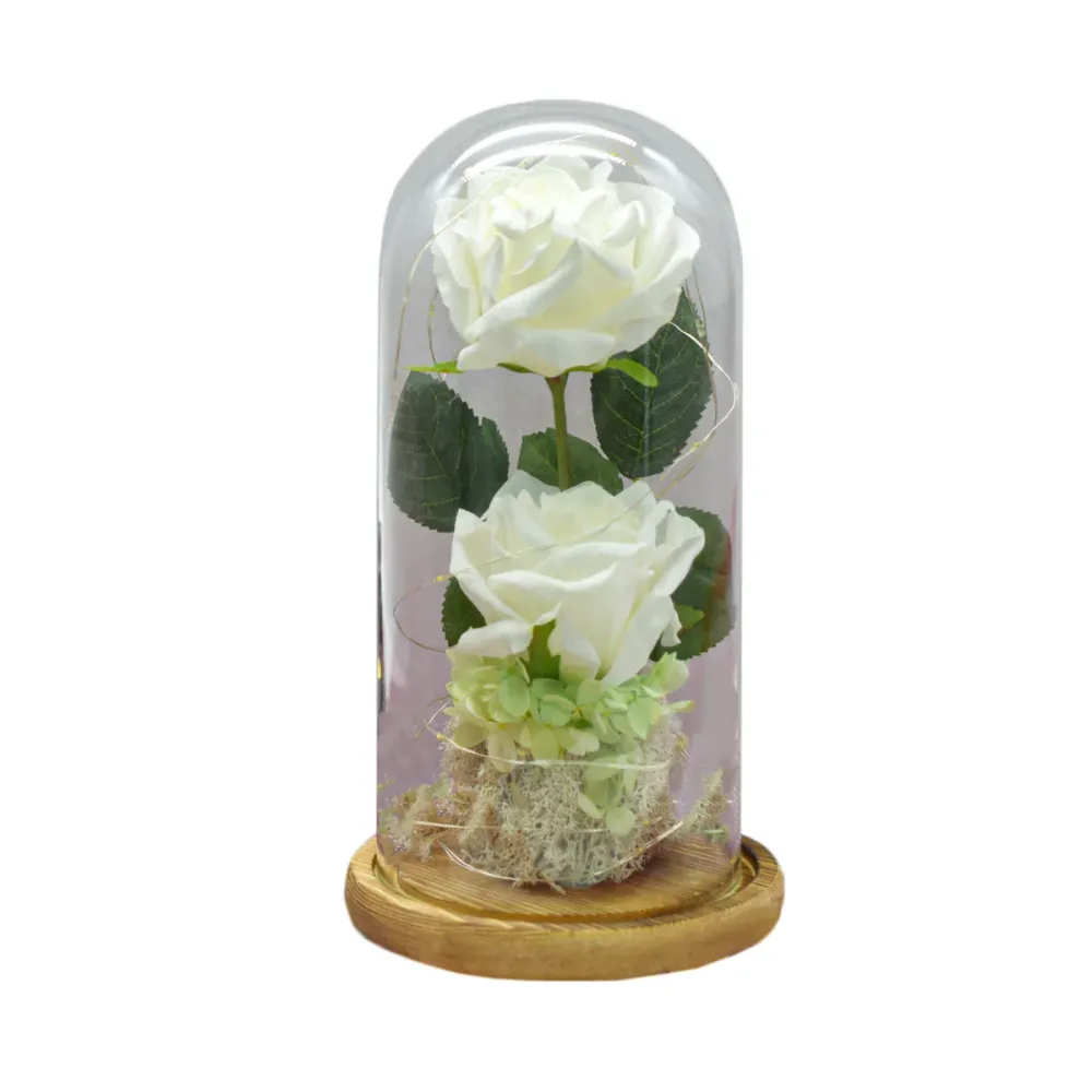 Aranjament floral cupola de sticla, lumina Led, D4011, Alb