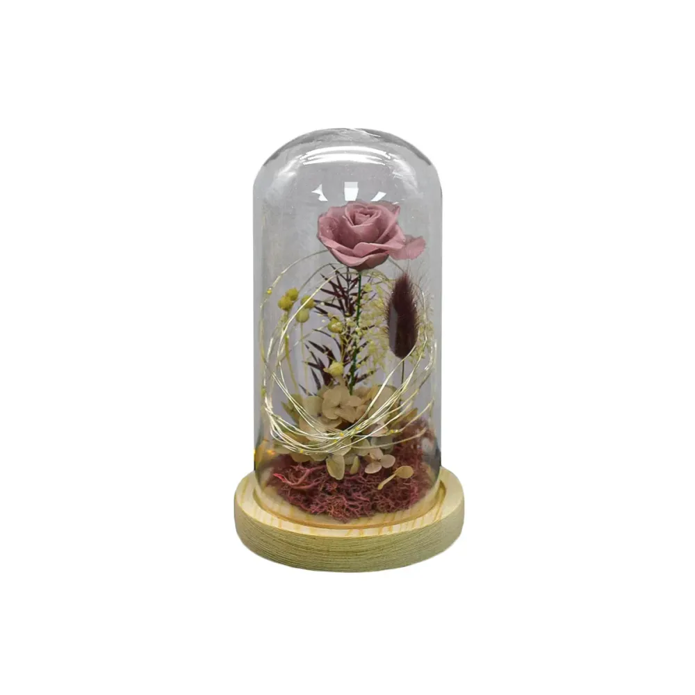 Aranjament floral cupola de sticla, lumina Led, D4012, Roz pal