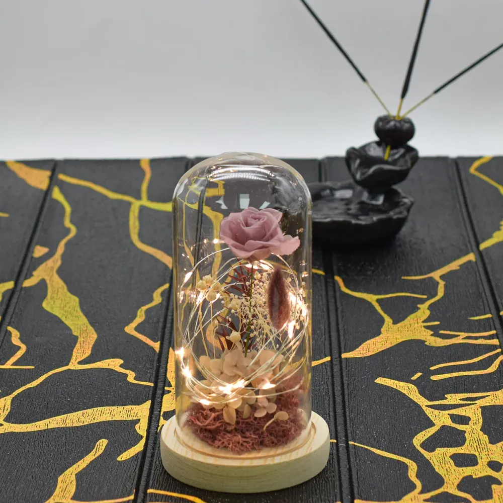 Aranjament floral cupola de sticla, lumina Led, D4012, Roz pal