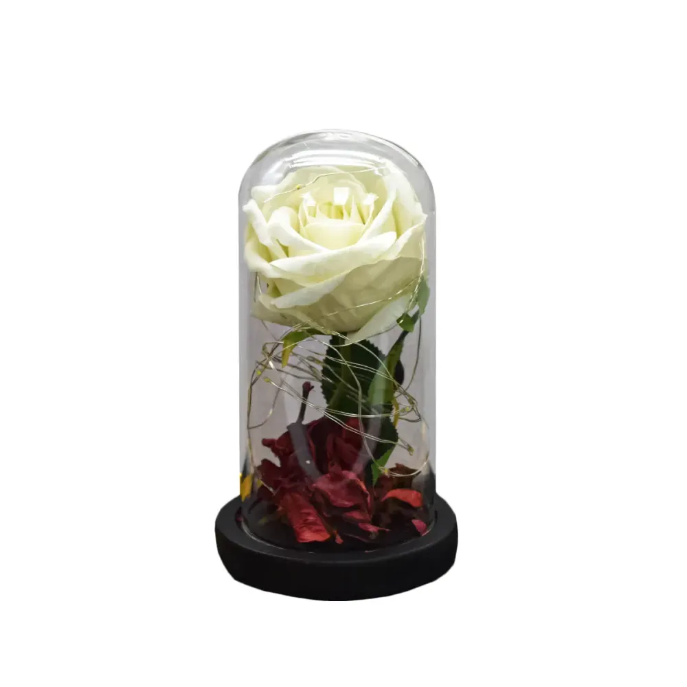 Aranjament floral cupola de sticla, lumina Led, D4013, Alb