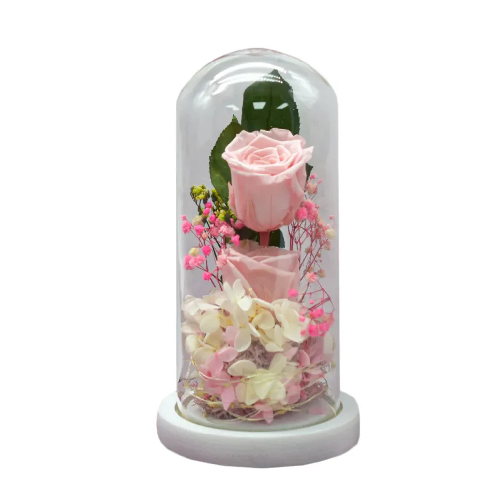 Aranjament floral cupola de sticla, lumina Led, D4014, Roz