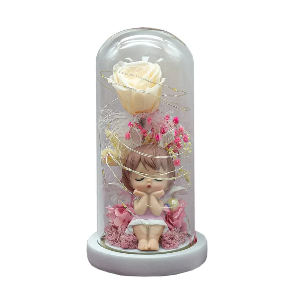 Aranjament floral cupola de sticla, lumina Led, D4020, Roz