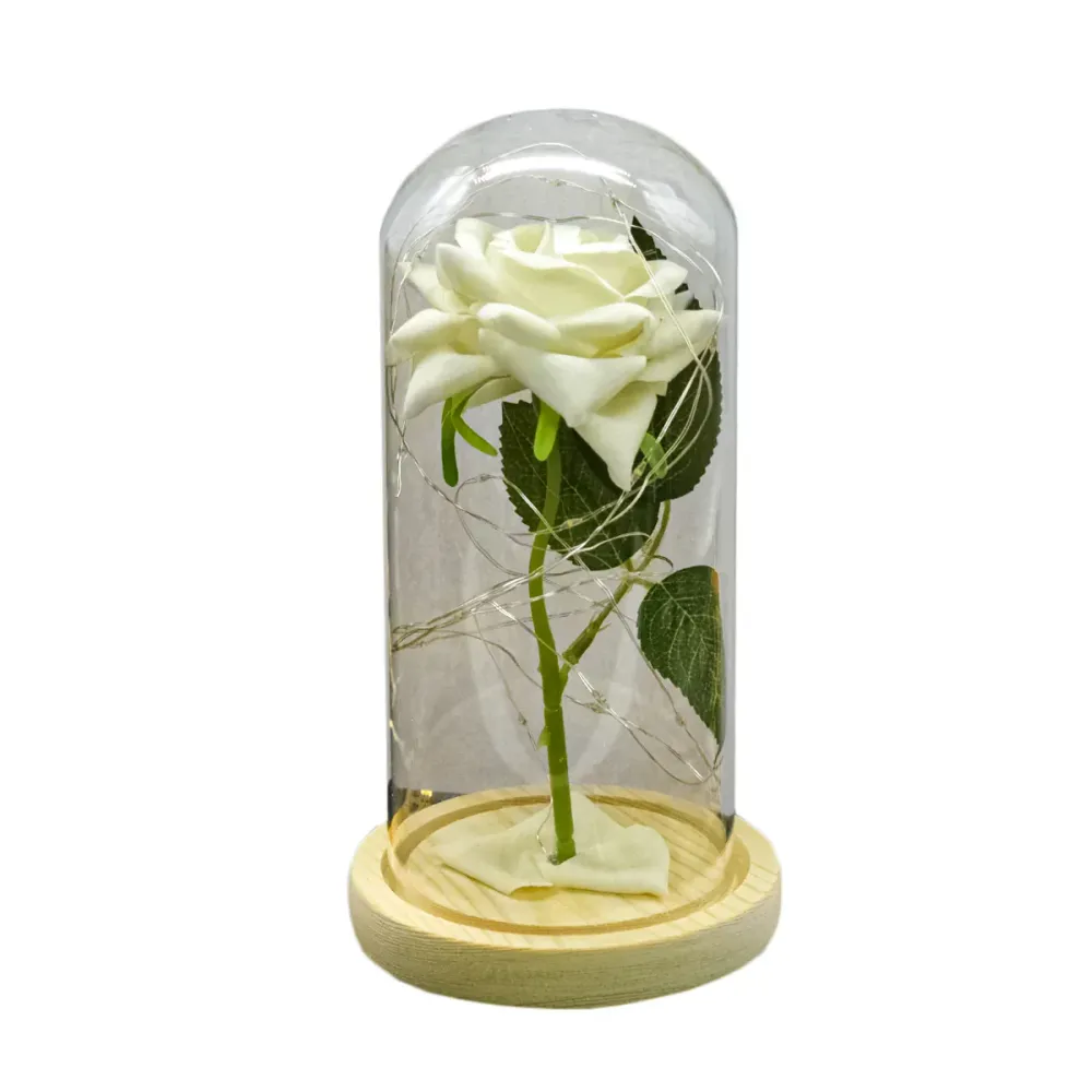 Aranjament floral cupola de sticla, lumina Led, D4028, Alb
