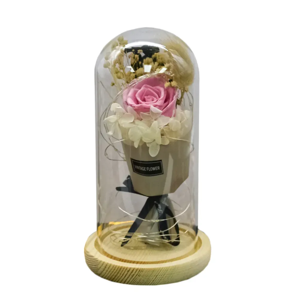 Aranjament floral cupola de sticla, lumina Led, D4015, Roz