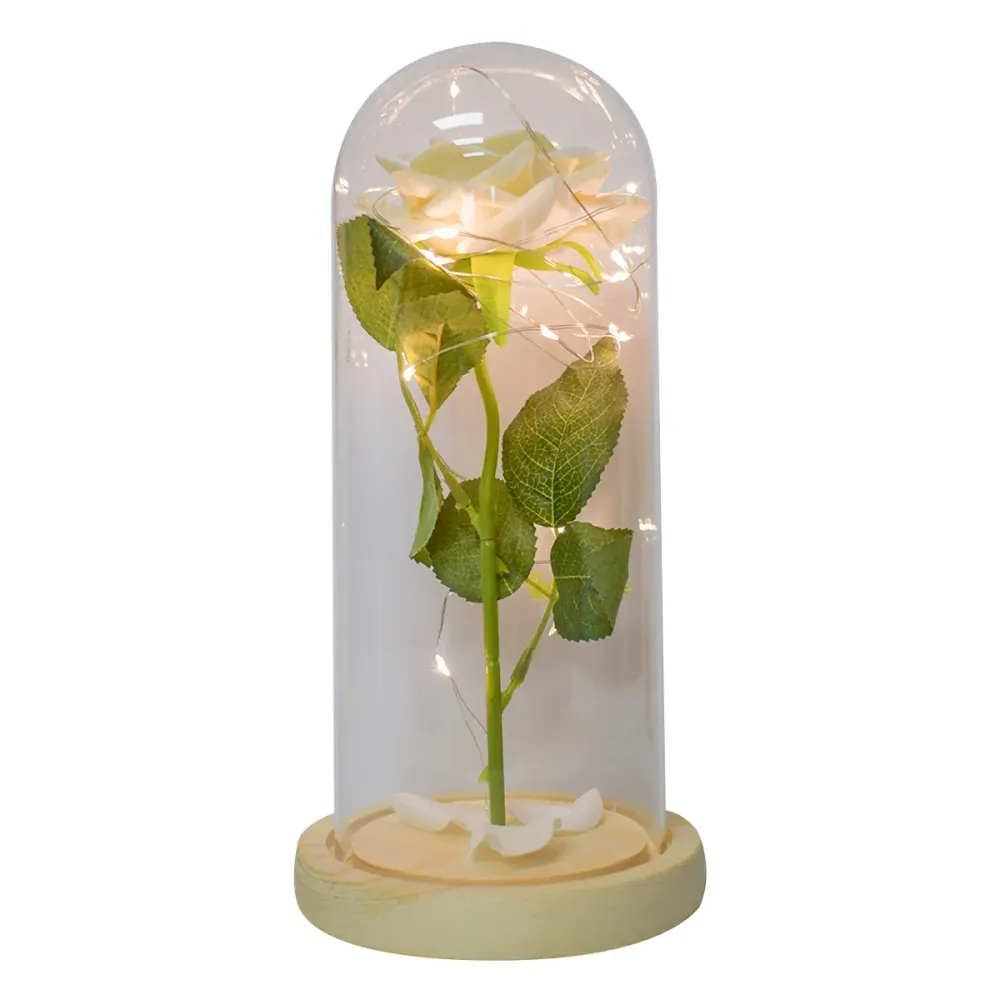 Aranjament floral cupola de sticla, lumina Led, D4027, Alb