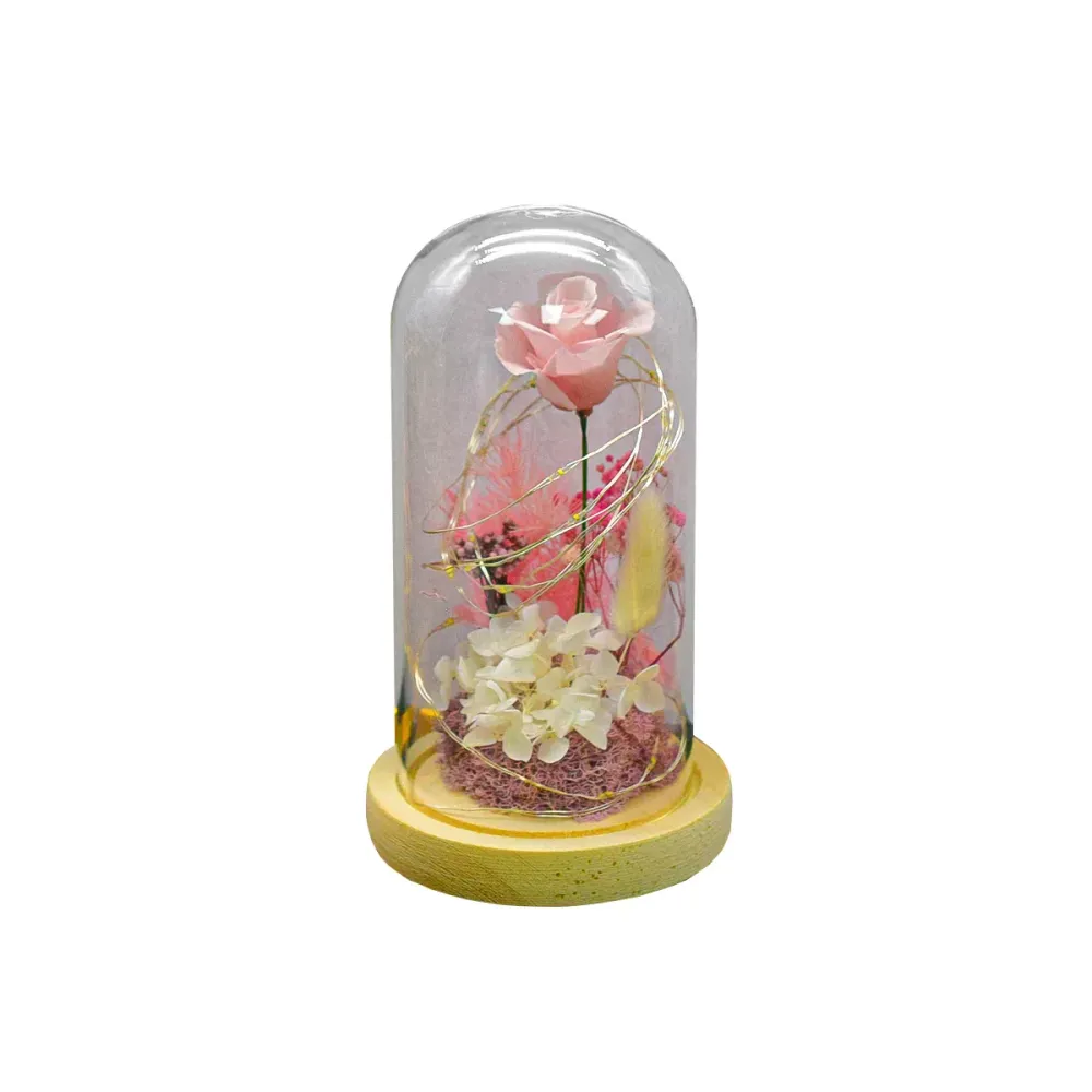 Aranjament floral cupola de sticla, lumina Led, D4012, Roz