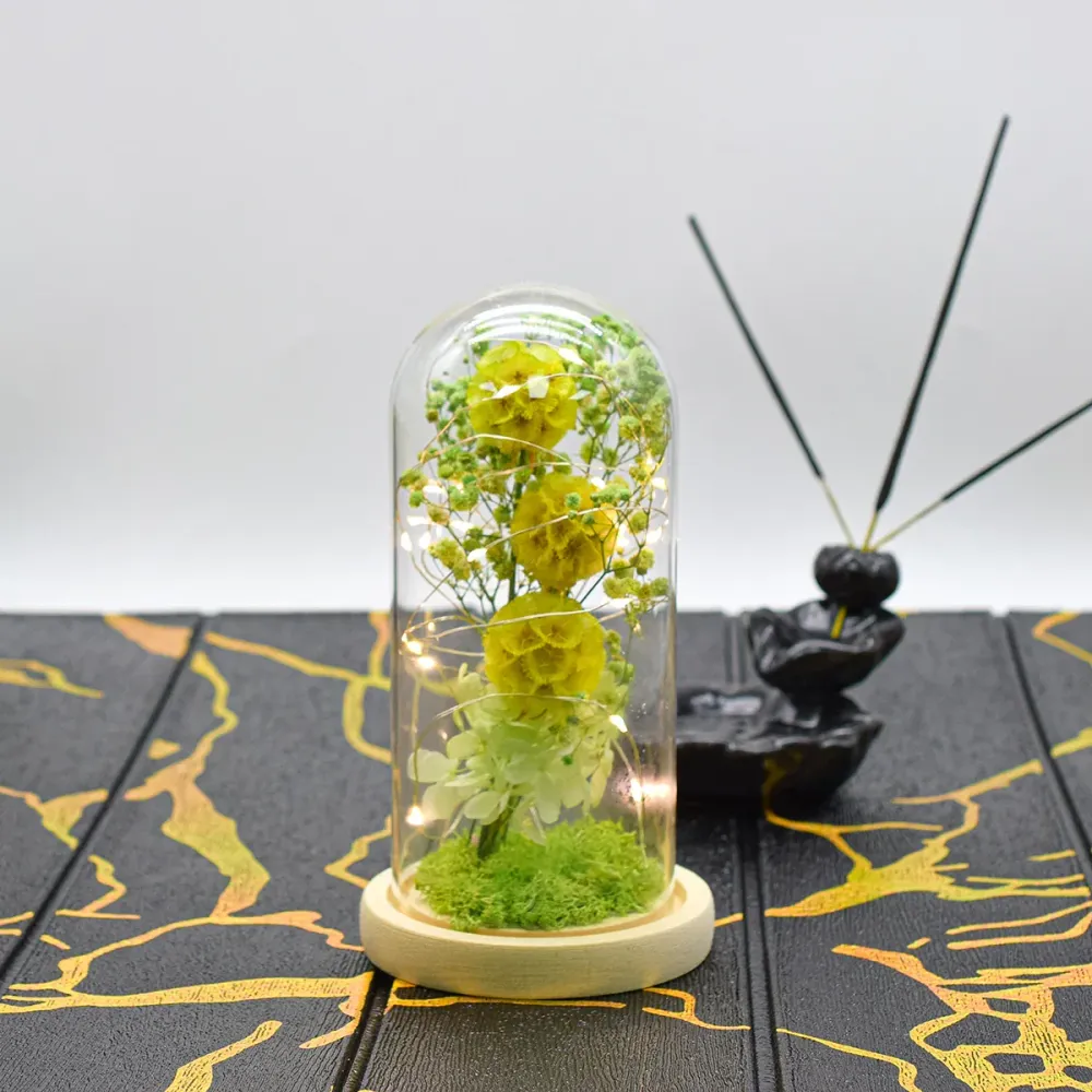 Aranjament floral cupola de sticla, lumina Led, D4055, Verde