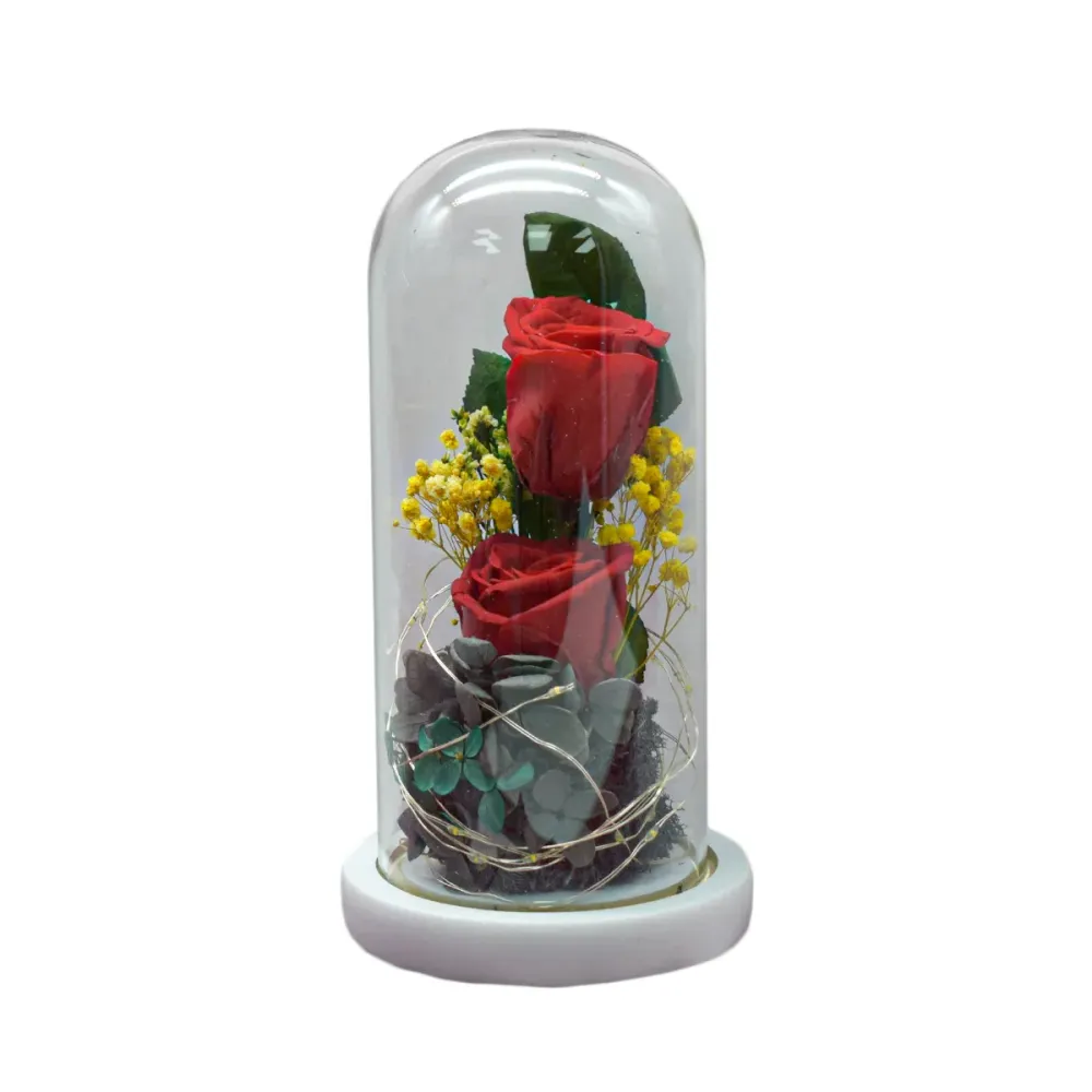 Aranjament floral cupola de sticla, lumina Led, D4014, Rosu