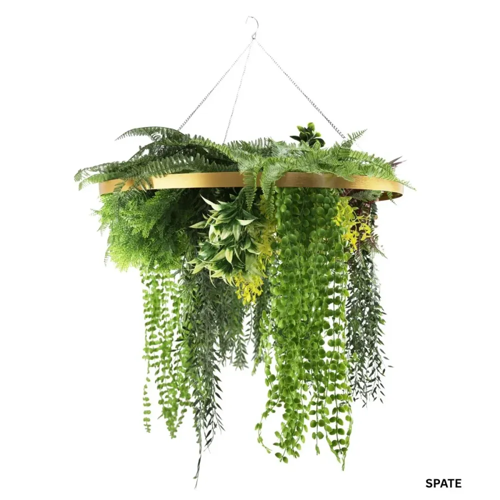 Aranjament Suspendat cu Plante Artificiale pe Disc Decorativ Auriu, Naimeed D7444, diametru 80 cm