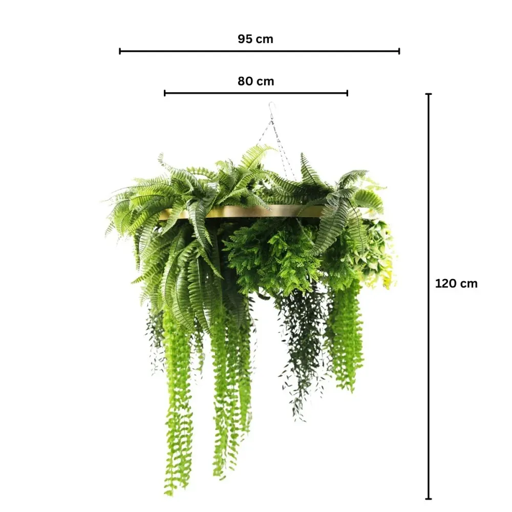 Aranjament Suspendat cu Plante Artificiale pe Disc Decorativ Auriu, Naimeed D7444, diametru 80 cm