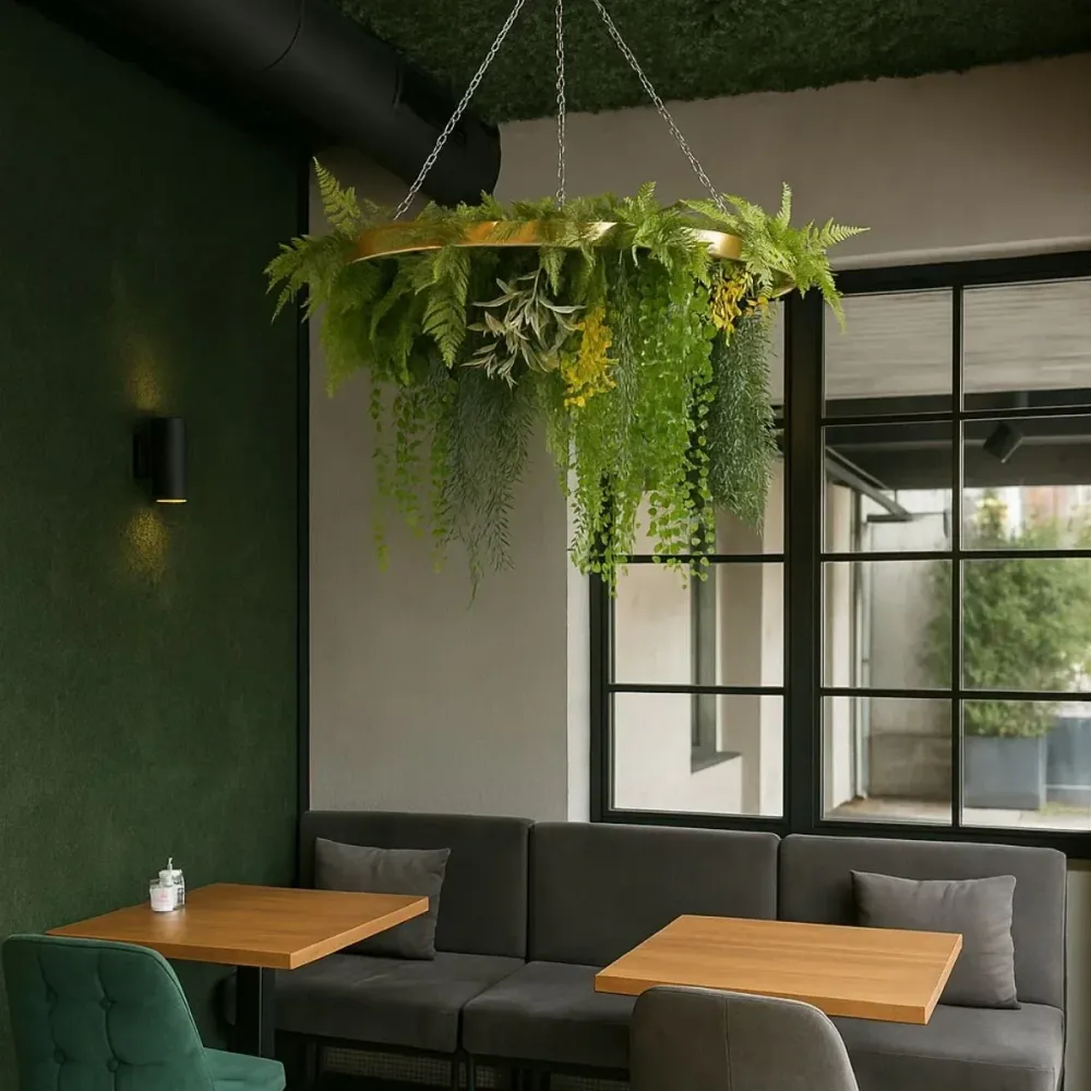 Aranjament Suspendat cu Plante Artificiale pe Disc Decorativ Auriu, Naimeed D7444, diametru 80 cm