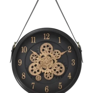 Ceas de perete elegant cu agatatoare curea de piele , Negru , 39 cm