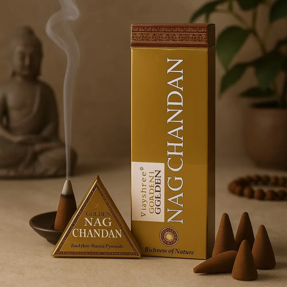 Conuri de tămâie cu flux invers, Chandan Jumbo 42g Golden Nag