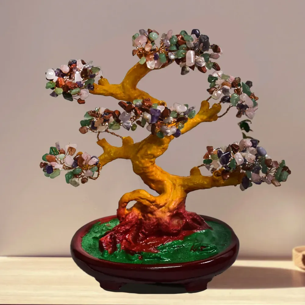 Copac Feng Shui cu Pietre Semipretioase, Suport Ceramic, Naimeed D4624-Multicolor, Inaltime 27cm