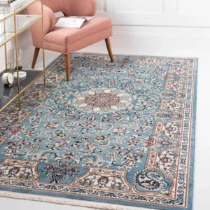Covor Almas cu franjuri, model oriental albastru 91x152 cm