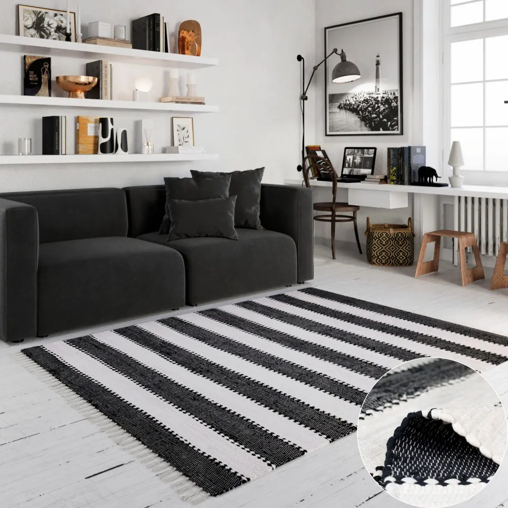 Covor Benja din bumbac țesut manual negru-alb 60x110 cm
