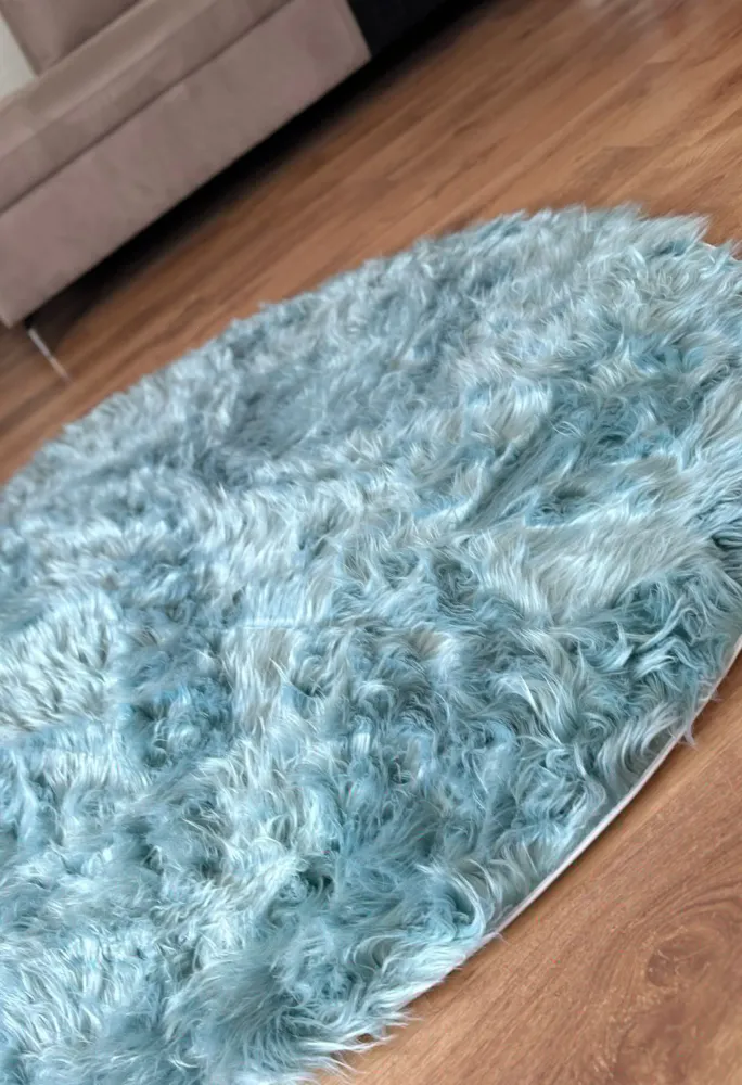 Covor de blană »Valeria« rotund foarte moale si pufos, bleu 140 cm