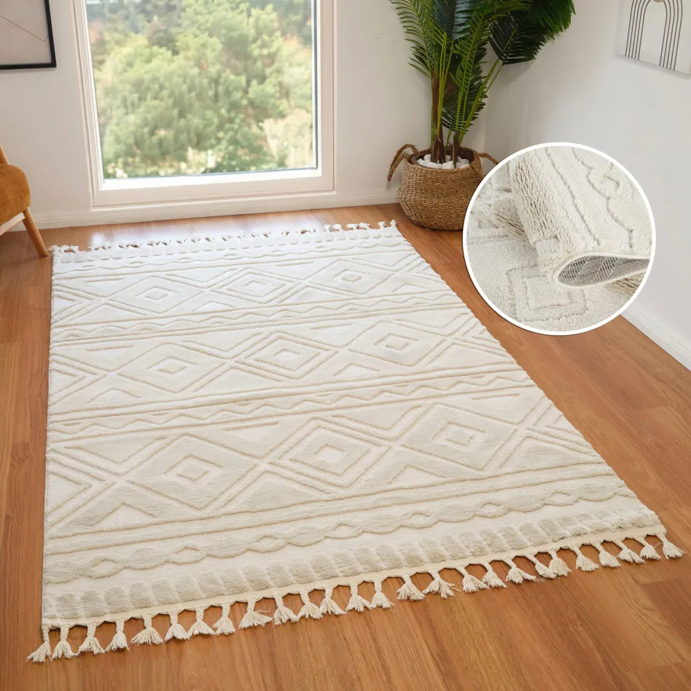 Covor Bonvo crem cu design scandinav 3D si franjuri 120x180 cm