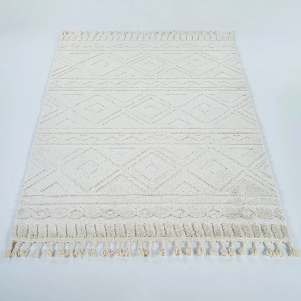 Covor Bonvo crem cu design scandinav 3D si franjuri 120x180 cm
