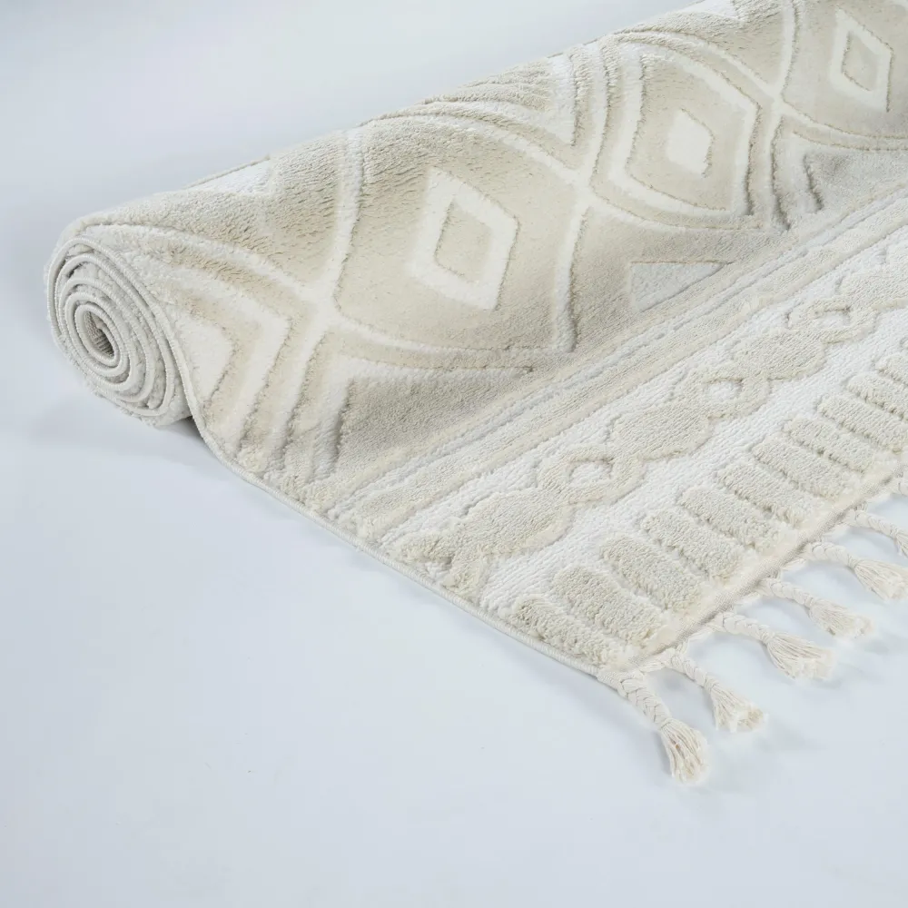 Covor Bonvo crem cu design scandinav 3D si franjuri 120x180 cm