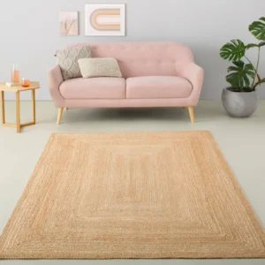 Covor din iută lucrat manual stil Boho, reversibil, Naturala 200x200 cm
