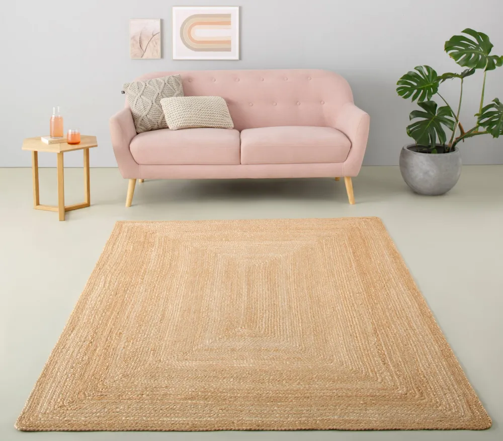 Covor din iută lucrat manual stil Boho, reversibil, Naturala 200x200 cm