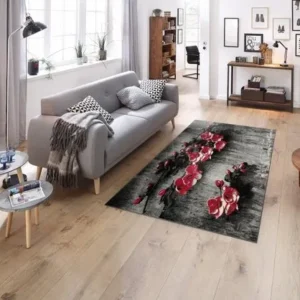 Covor Freya cu model floral rosu, fire scurte 70x140 cm