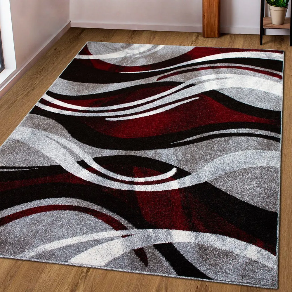 Covor Joas cu model geometric cu fire scurte gri-roșu 80x150 cm