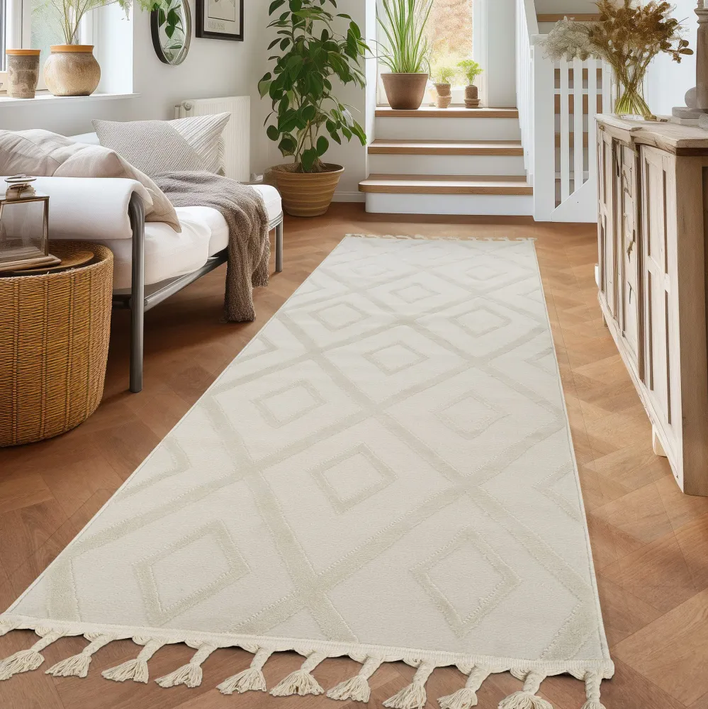 Covor Otilie cu model geometric 3d cu franjuri crem 80x300 cm