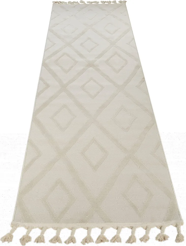 Covor Otilie cu model geometric 3d cu franjuri crem 80x300 cm