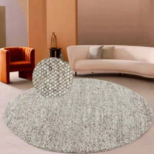 Covor rotund din lână Ainhoa model cu noduri bej 120 cm diametru