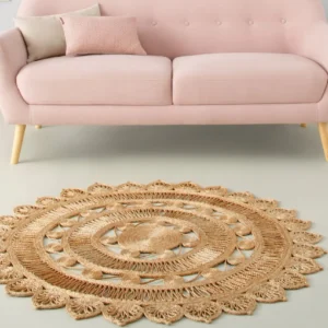 Covor rotund din iută lucrat manual stil Boho reversibil Naturala 140 cm