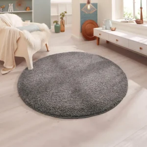 Covor rotund Shaggy Bodrum cu fir lung pufos, gri 140 cm