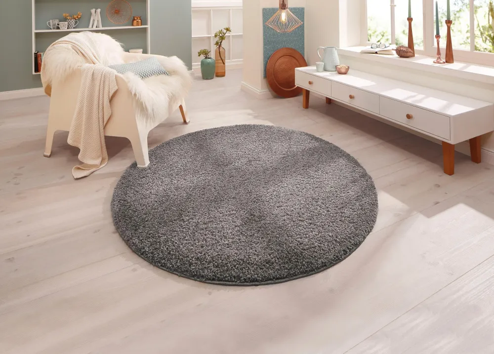 Covor rotund Shaggy Bodrum cu fir lung pufos, gri 140 cm